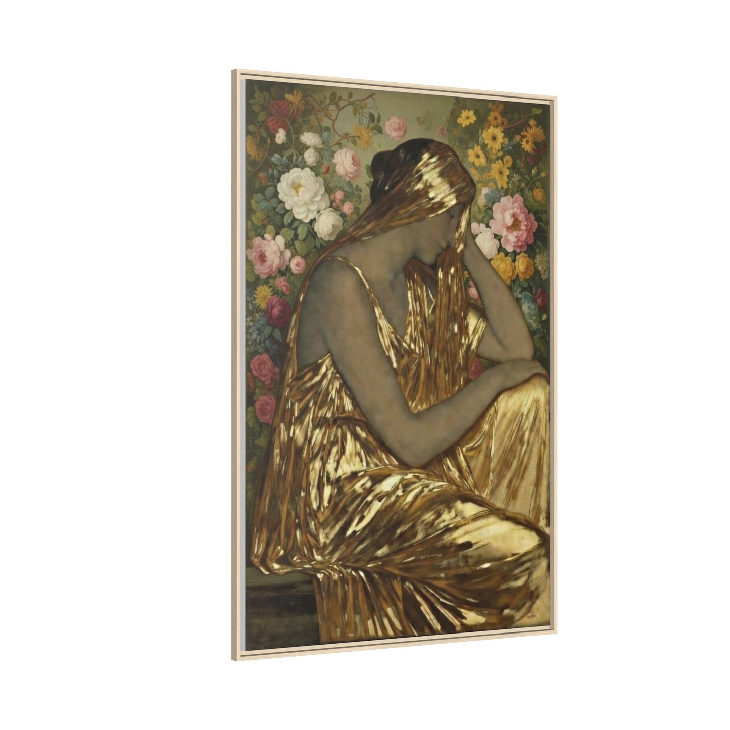 Framed Canvas Art Print — Golden Muse Woman with Floral Background