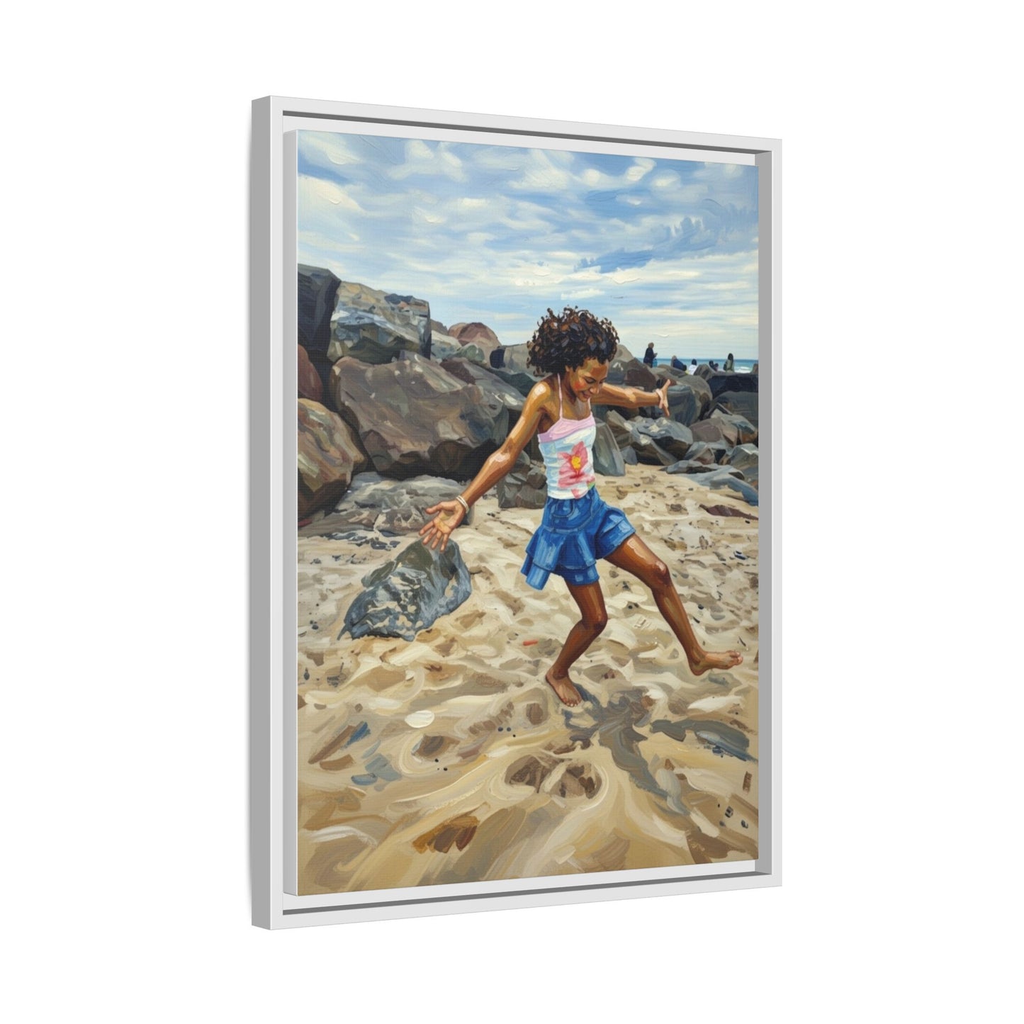 Framed Canvas Art - Girl Dancing on the Beach (Matte Multi-Color)