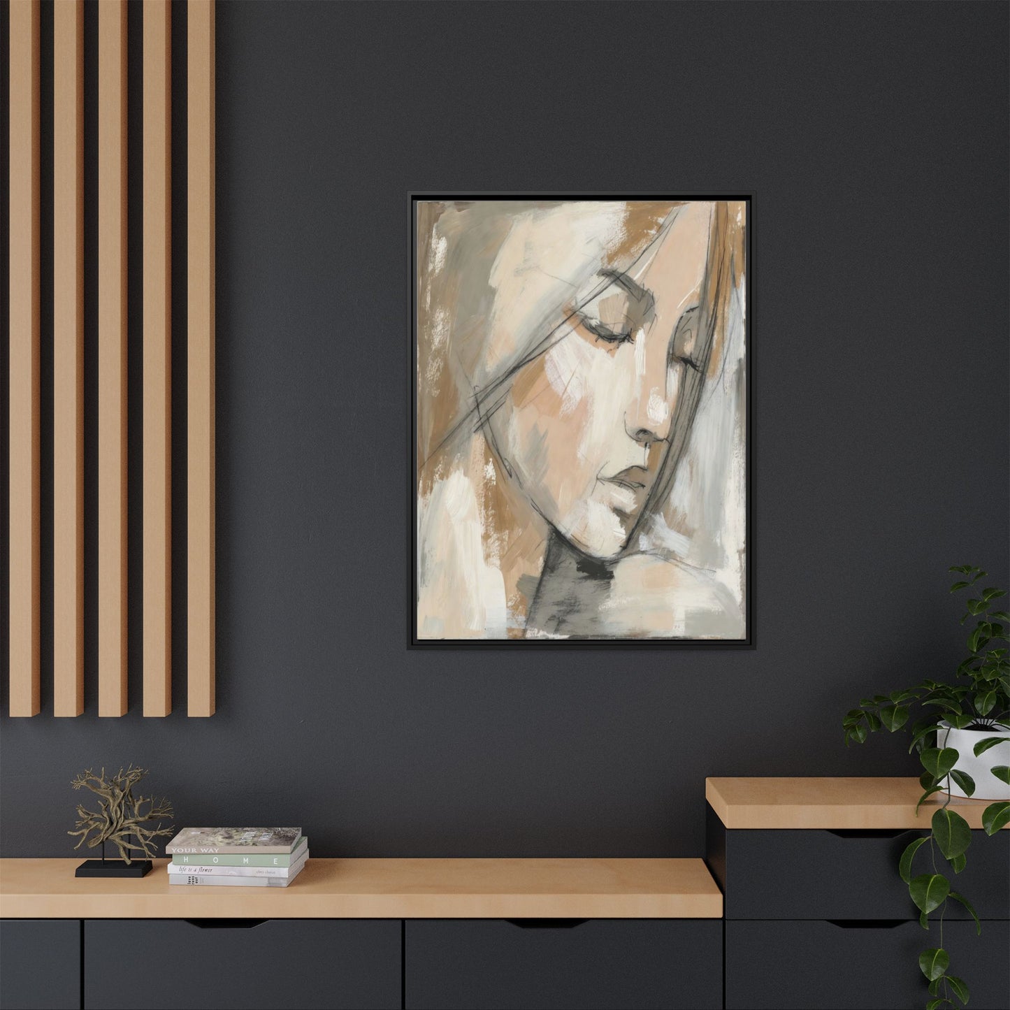 Framed Matte Canvas Art — Serene Abstract Portrait in Neutrals