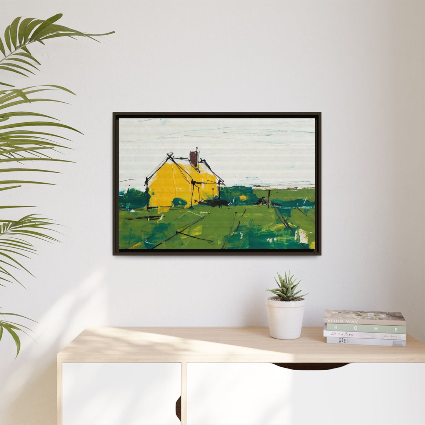 Yellow Cottage Landscape Framed Canvas Print
