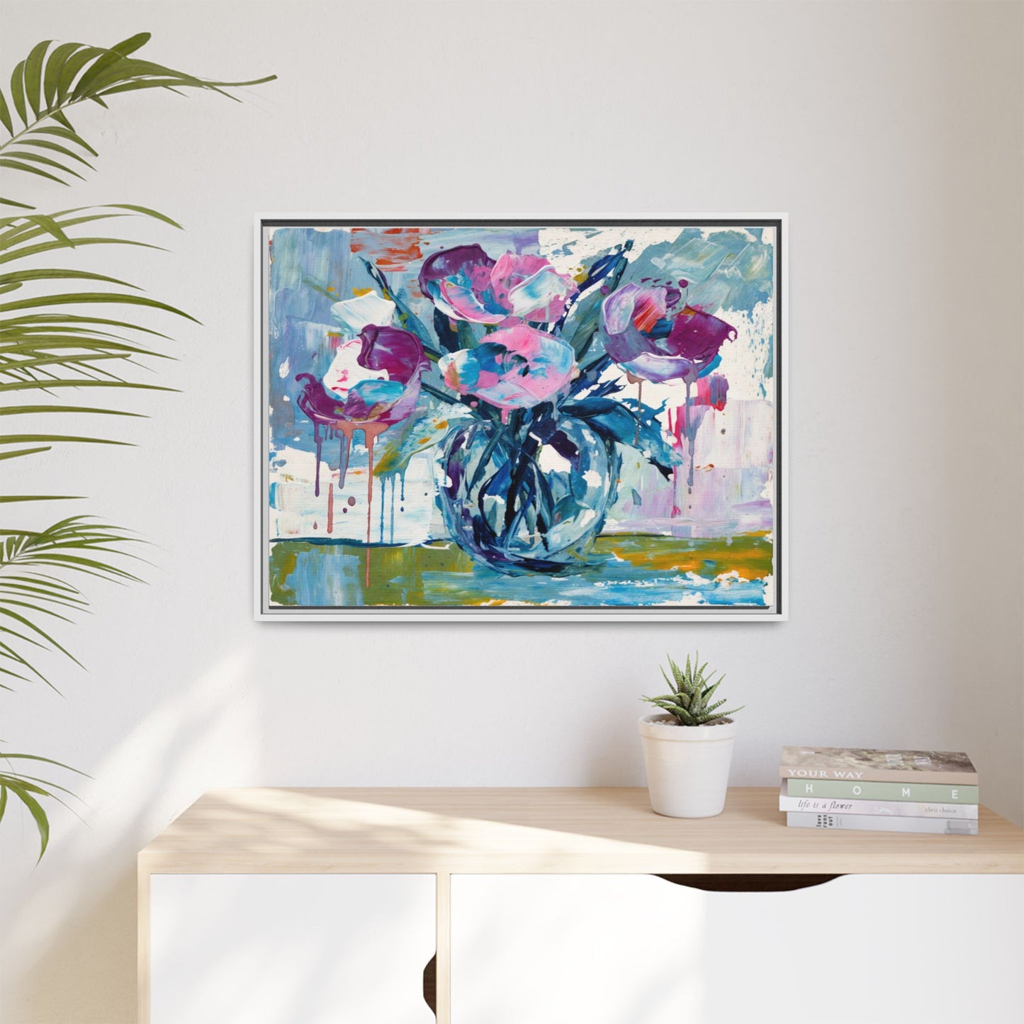 Framed Floral Canvas Art — Abstract Pink & Blue Bouquet