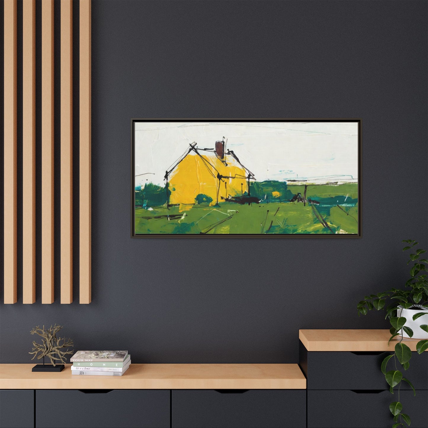 Yellow Cottage Landscape Framed Canvas Print