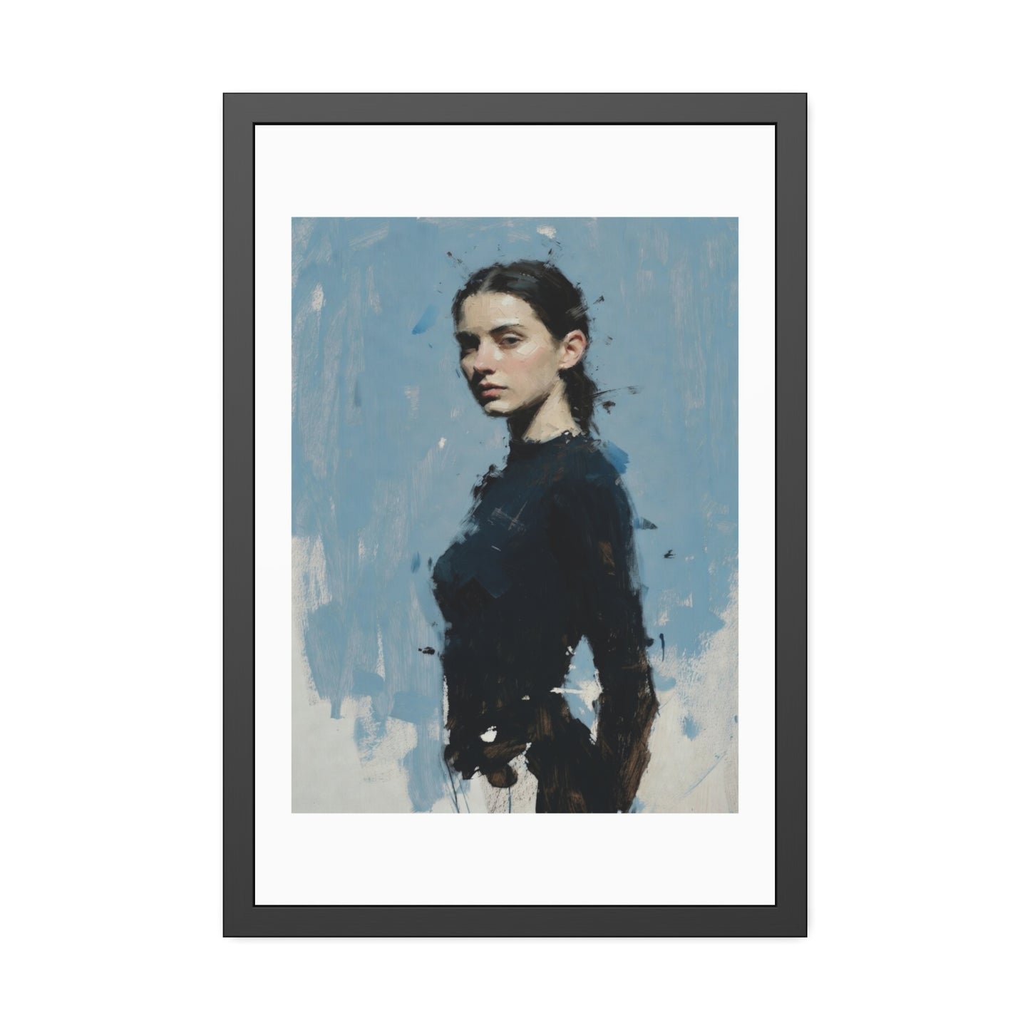 Framed Art Print — Moody Portrait with Blue Painterly Background