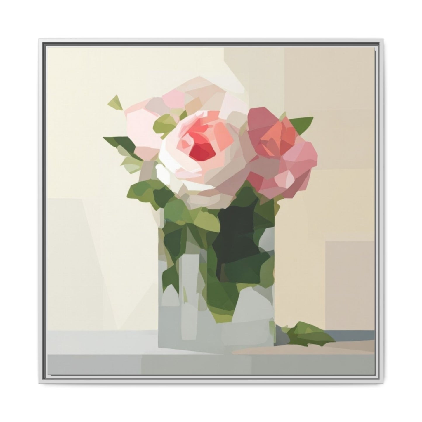 Framed Floral Canvas Print — Geometric Pink Rose Wall Art