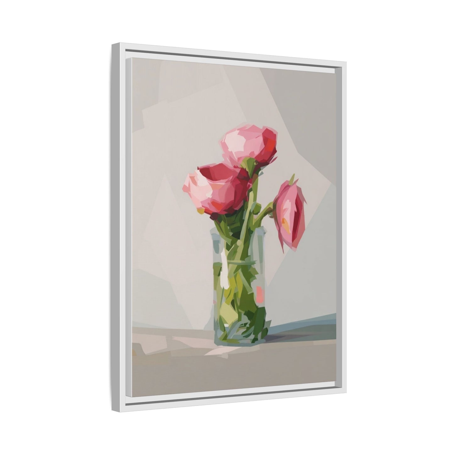 Framed Canvas Art — Pink Roses in Vase, Modern Floral Wall Print