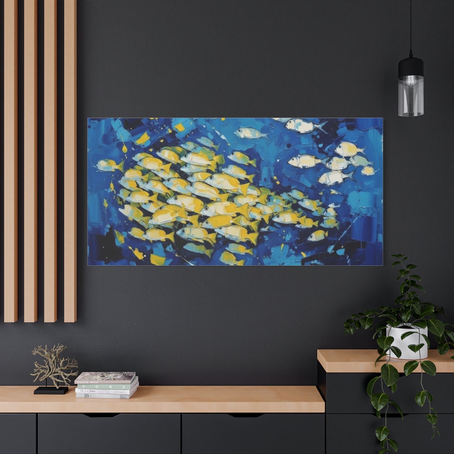 Canvas Wall Art - Blue School of Fish Matte Stretched Canvas