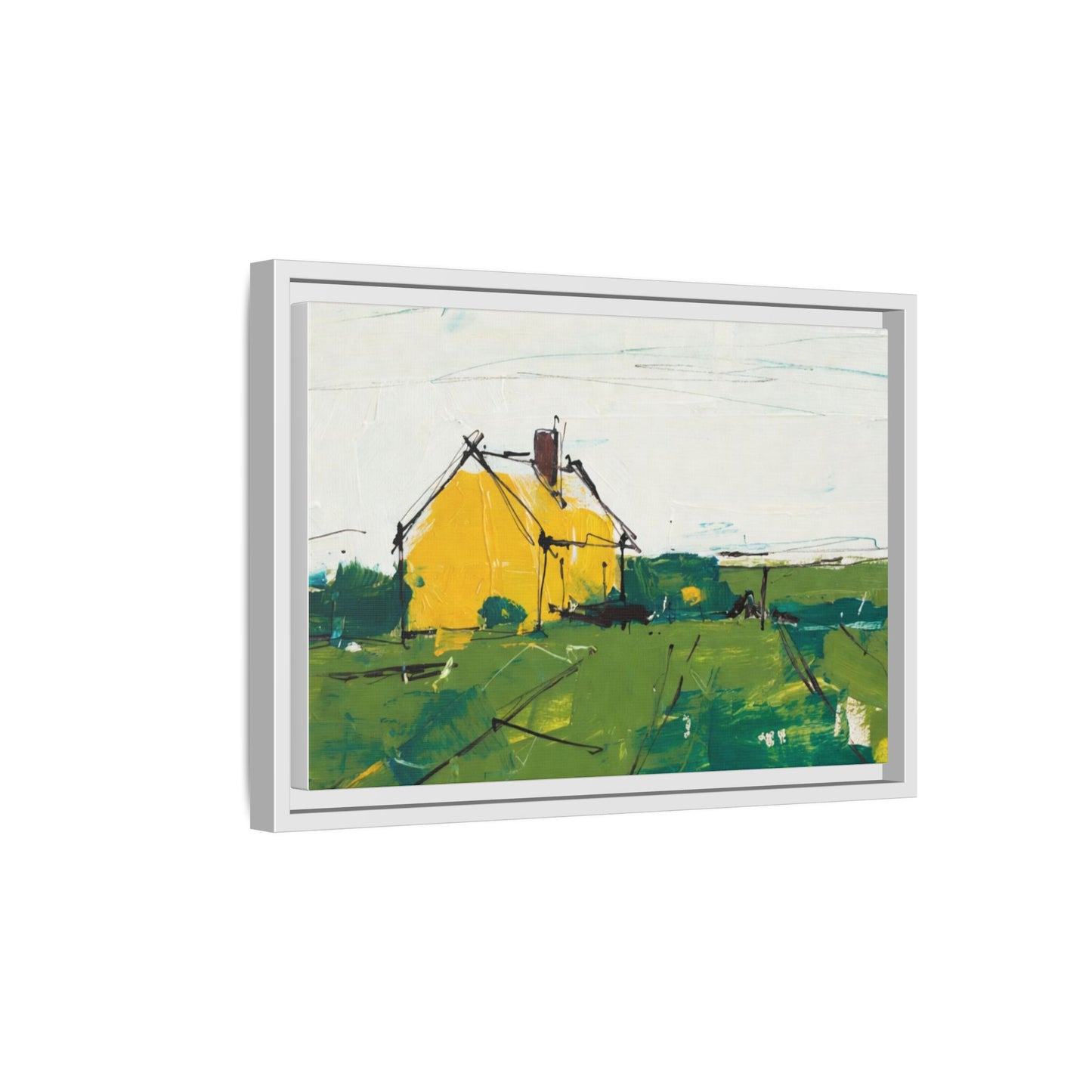 Yellow Cottage Landscape Framed Canvas Print