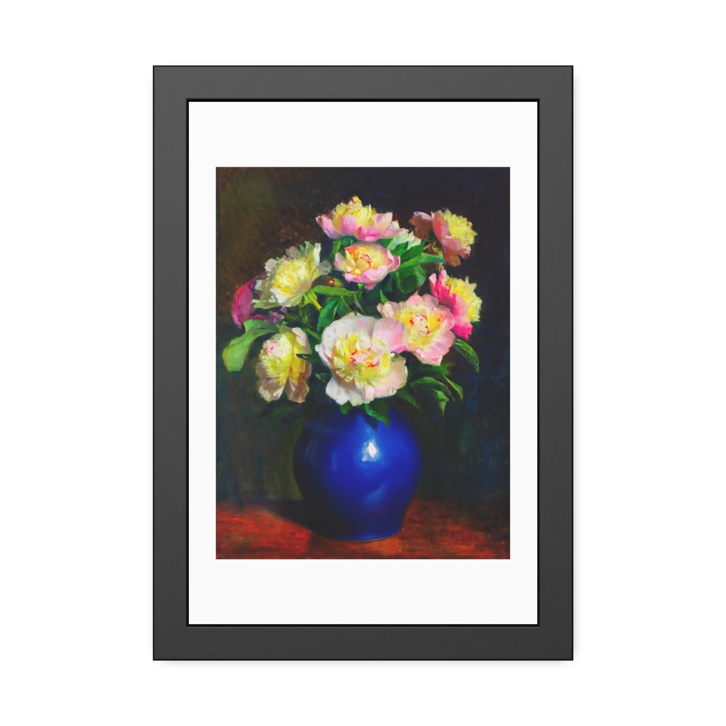 Framed Floral Poster — Pink Peonies in Blue Vase Wall Art