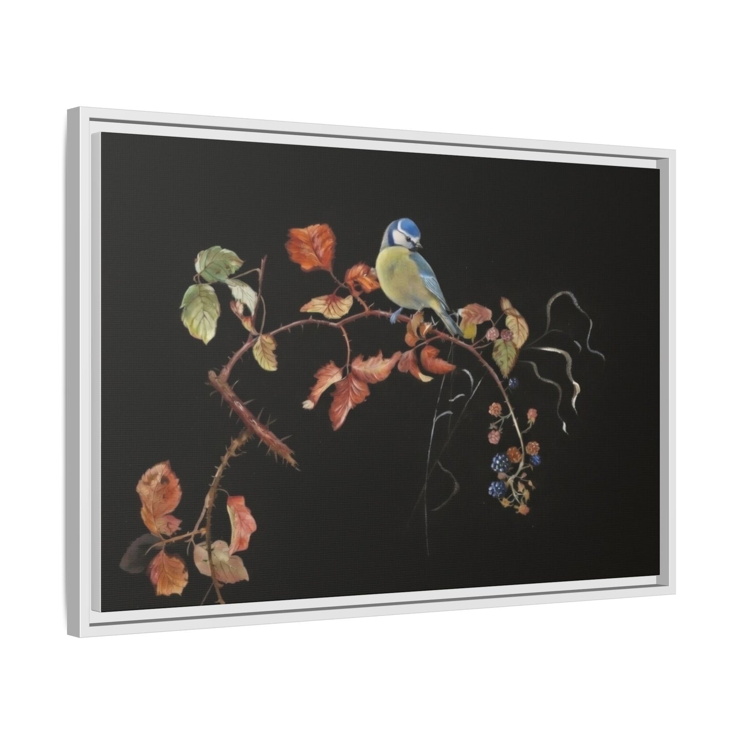 Framed Matte Canvas - Blue Tit on Autumn Branch Wall Art