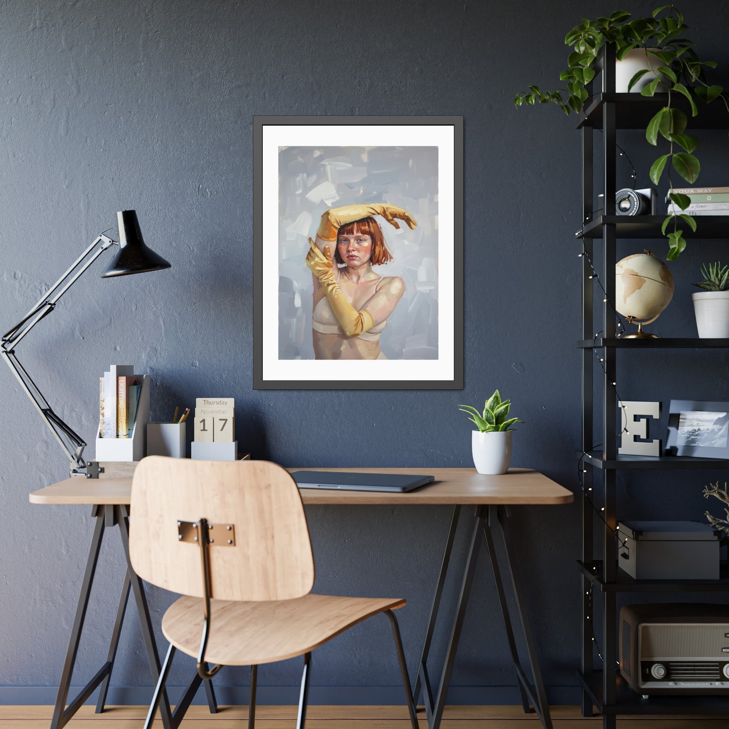 Framed Art Print — Portrait of Woman in Yellow Gloves (Modern Figurative Wall Art)
