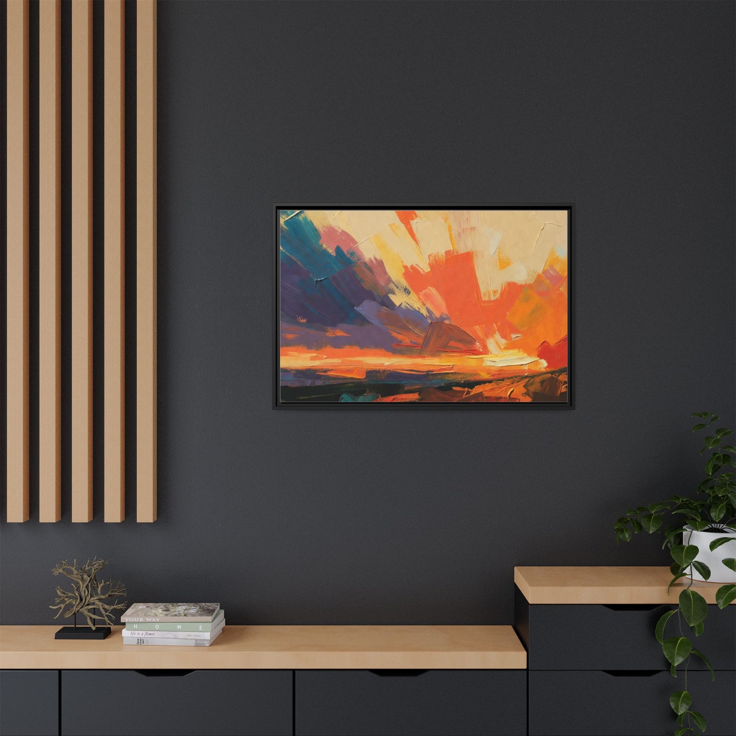 Framed Abstract Sunset Canvas Art – Multicolor Matte Wall Decor