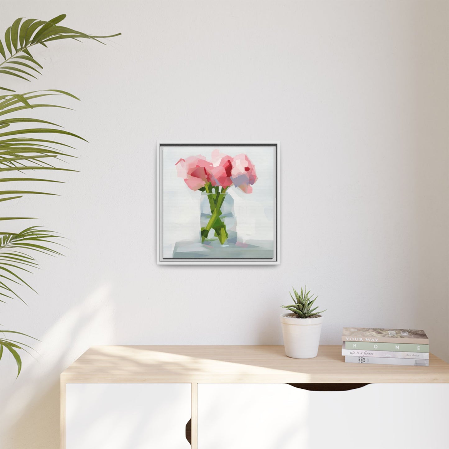 Framed Floral Canvas Art — Pink Peonies in Vase (Matte)