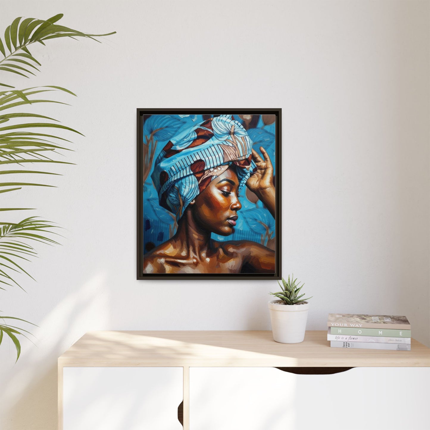 Framed Canvas Art — Portrait of Woman in Blue Headwrap