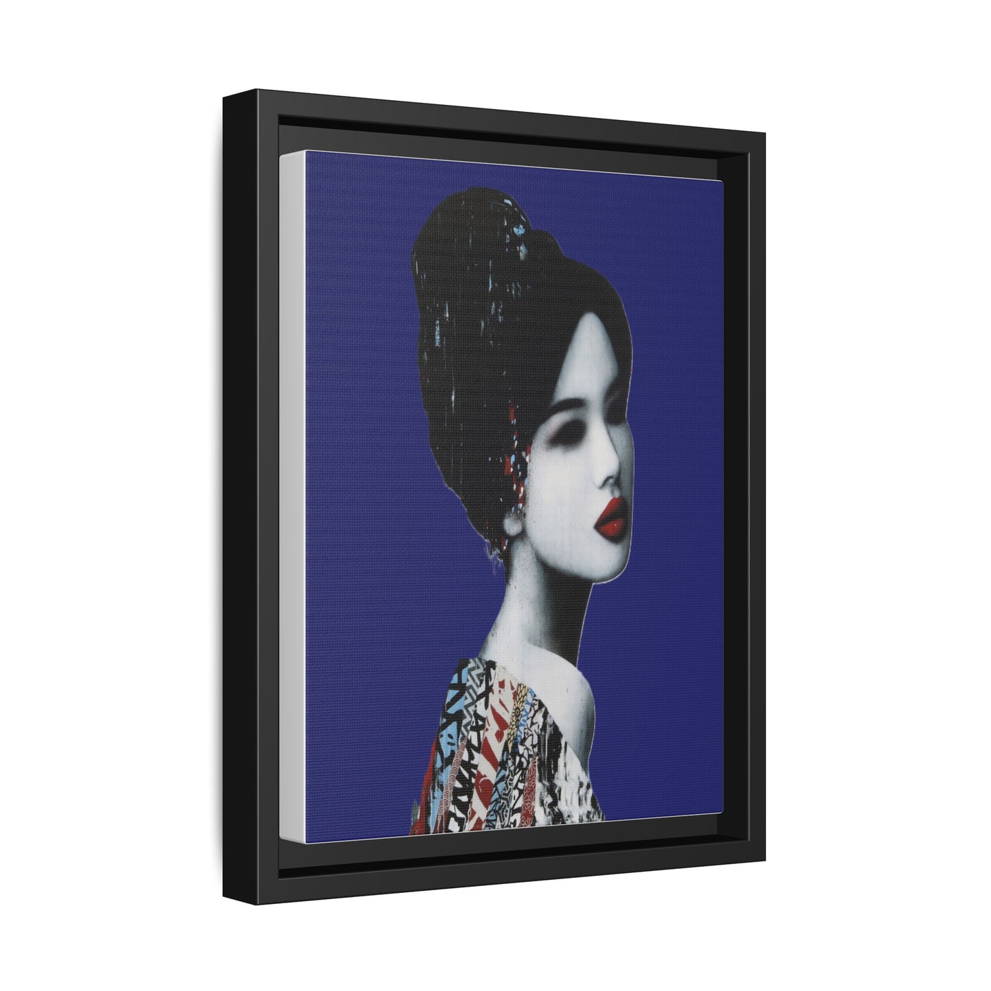 Framed Matte Canvas Art — Elegant Geisha Portrait on Deep Blue
