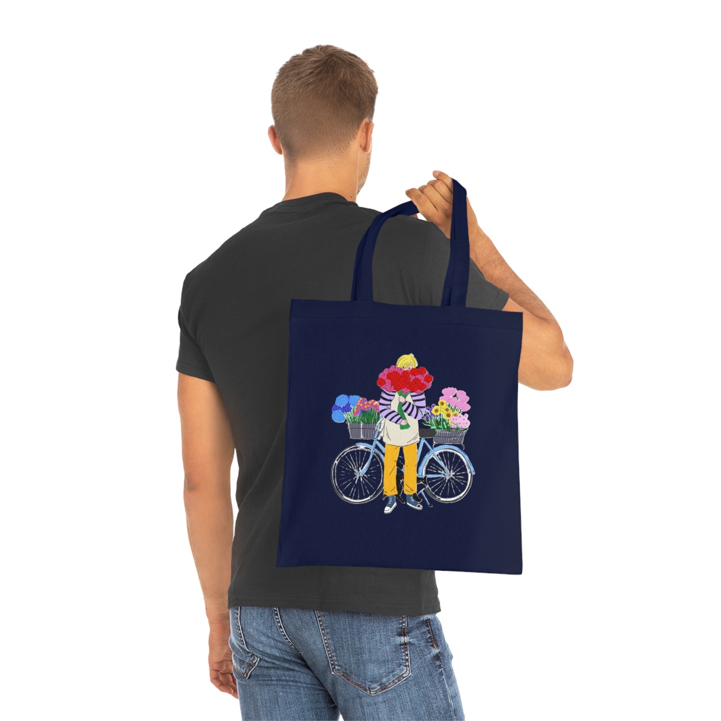 Floral Bike Tote Bag — Cotton Market Tote with Colorful Flower Bicycle Design