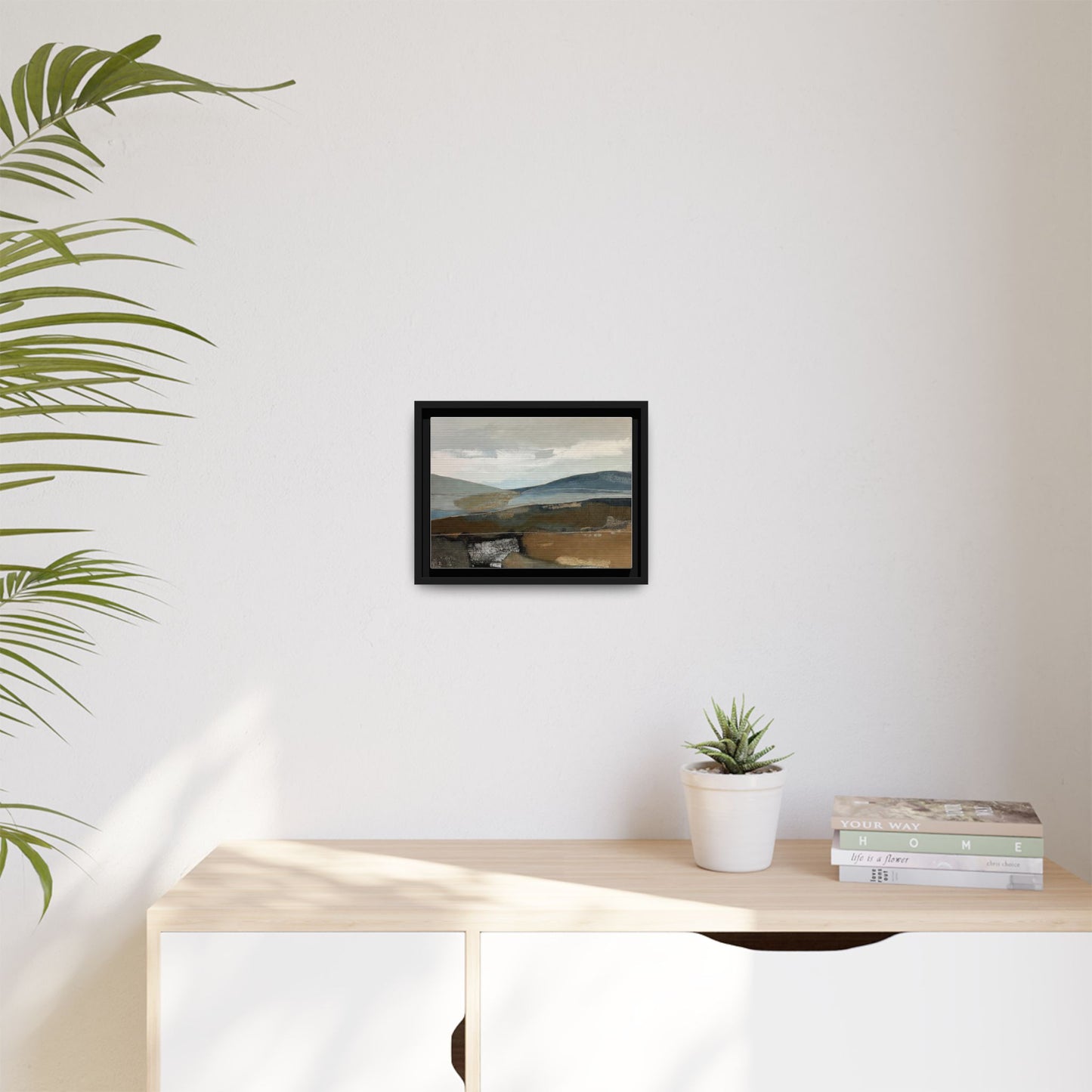 Framed Matte Canvas Landscape Art - Serene Abstract Hills in Blue & Earth Tones