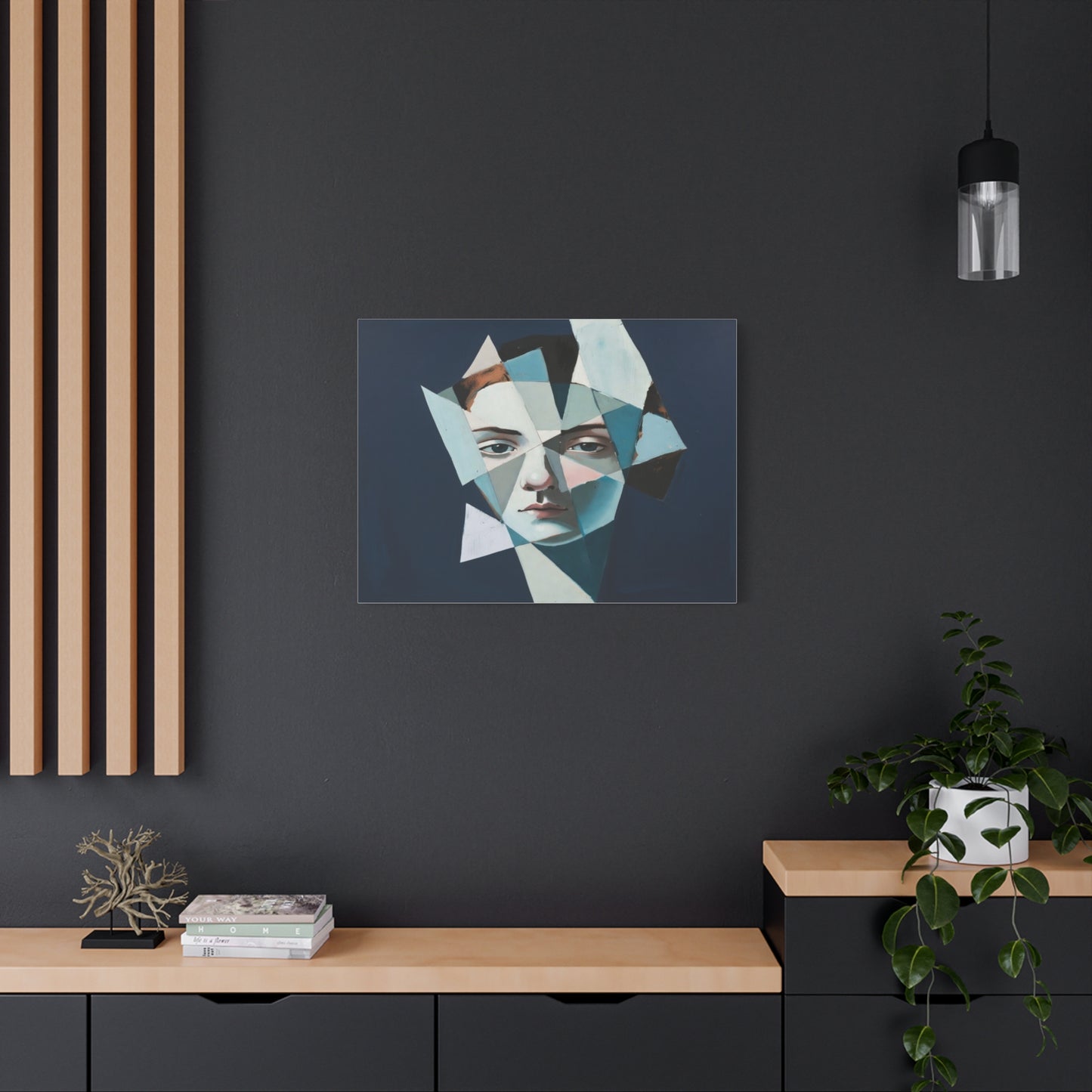 Fragmented Portrait Matte Canvas Art – Blue Abstract Face Wall Decor