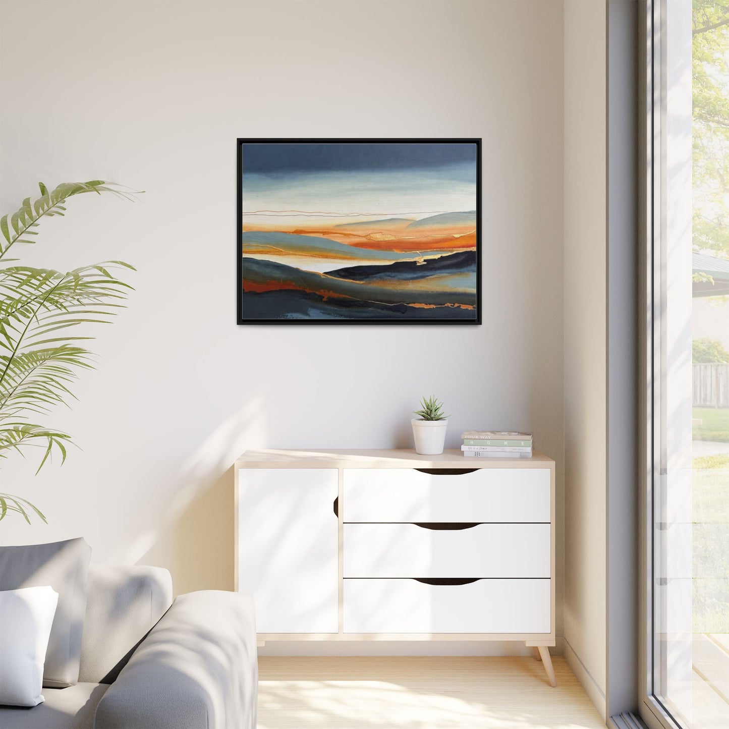 Framed Matte Canvas: Abstract Coastal Sunset Landscape Wall Art