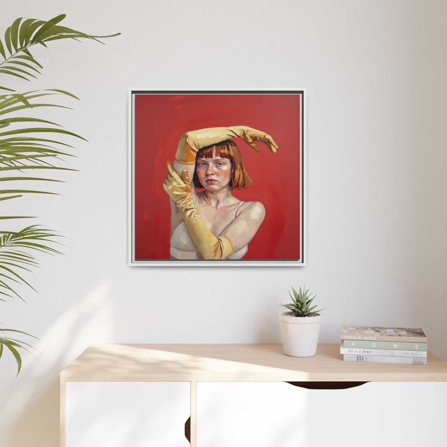 Framed Matte Canvas Art - Portrait of Woman in Yellow Gloves (Red Background)