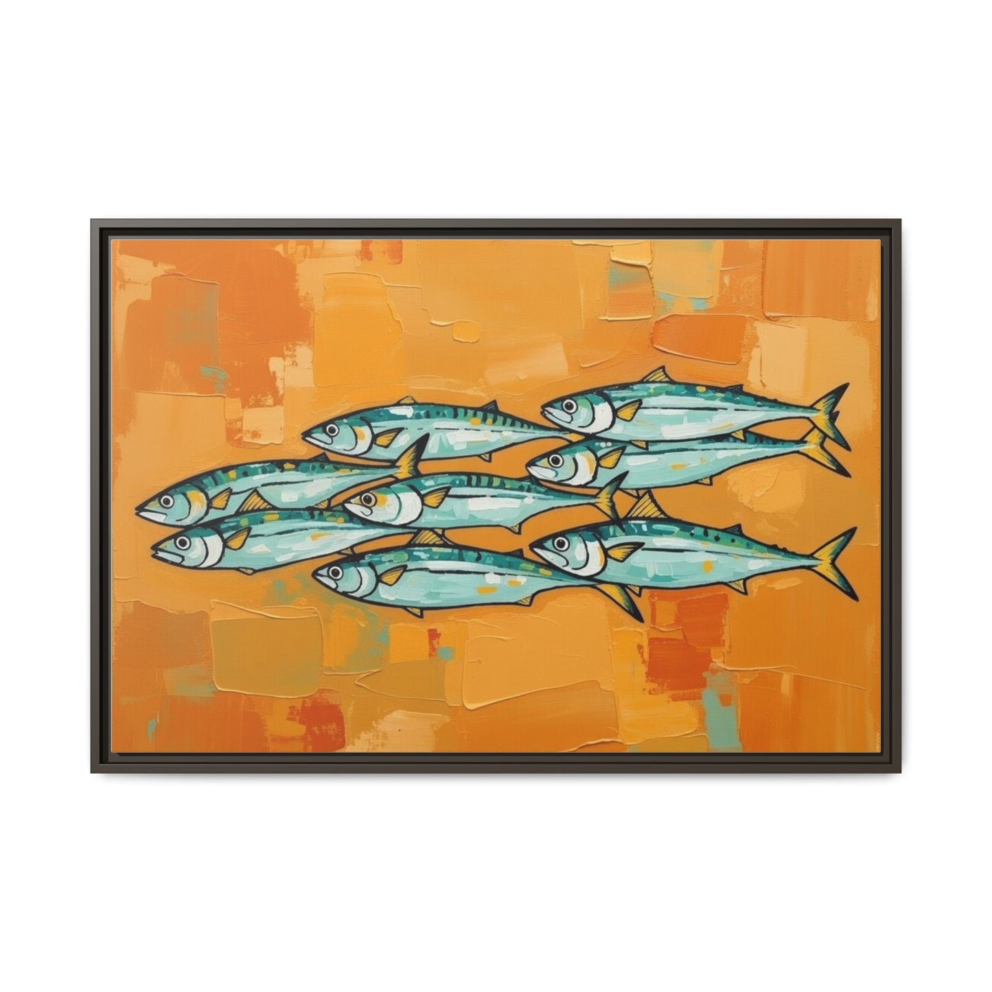 Framed Matte Canvas Print — School of Blue Fish on Orange Abstract Background