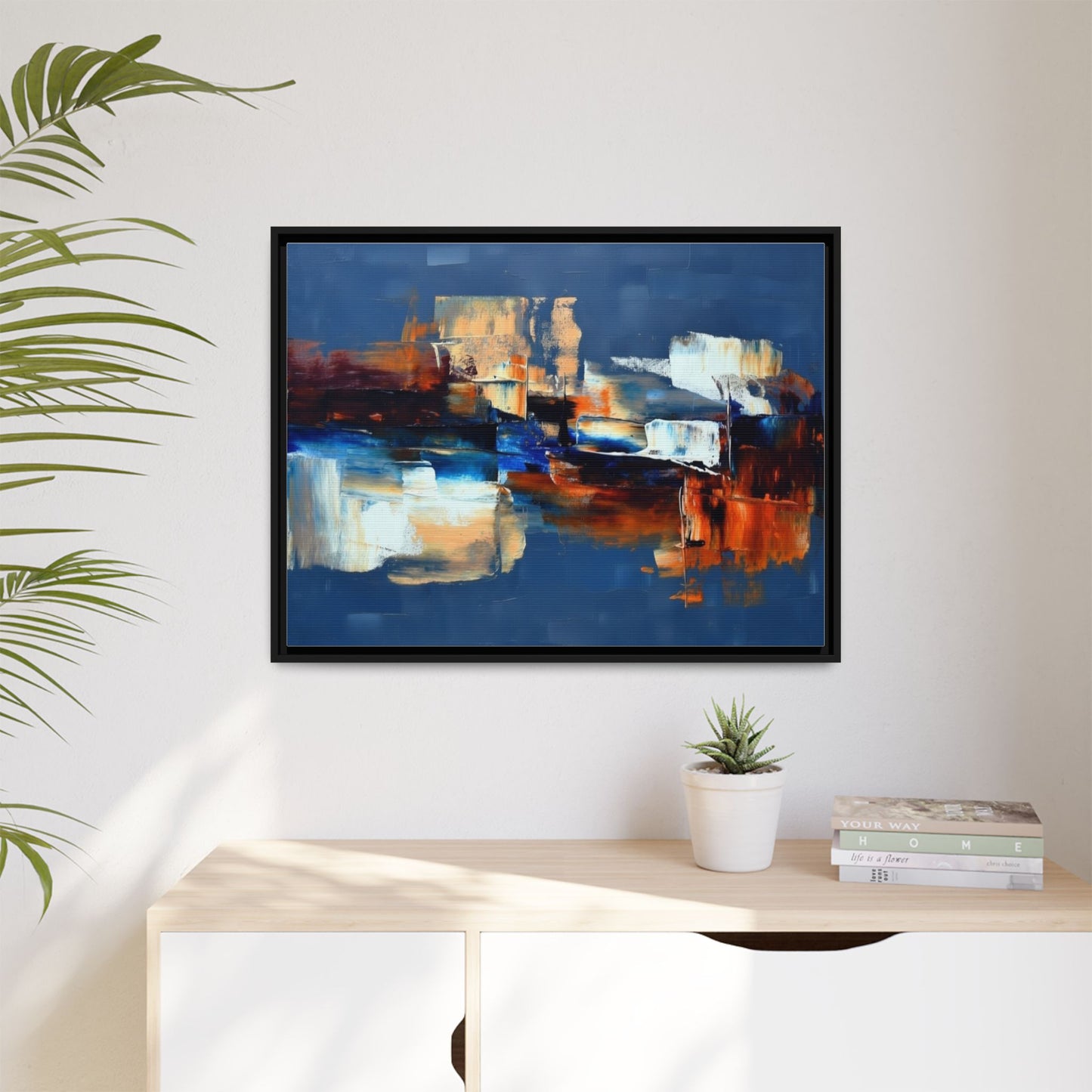 Abstract Blue & Rust Framed Canvas Art — Modern Matte Wall Painting
