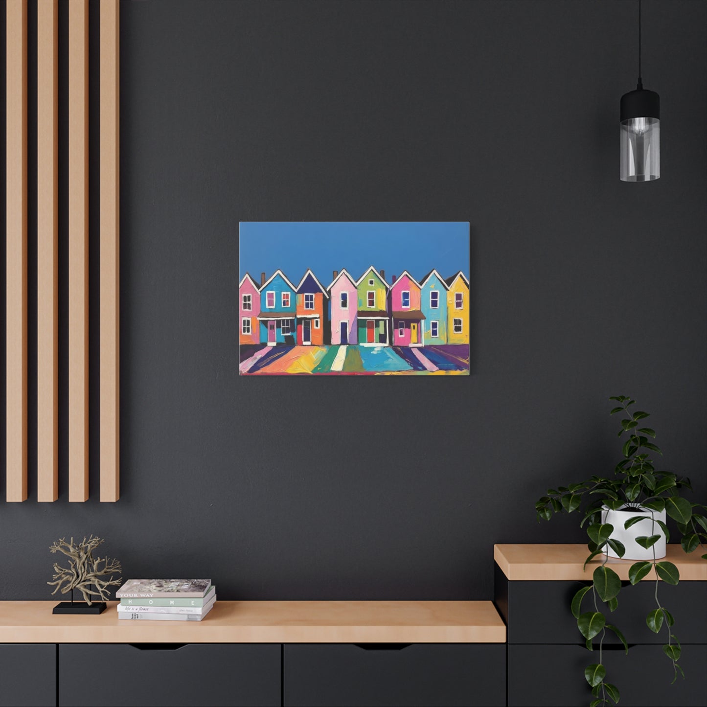 Colorful Row Houses Matte Canvas Print Vibrant Coastal Neighborhood Wall Art