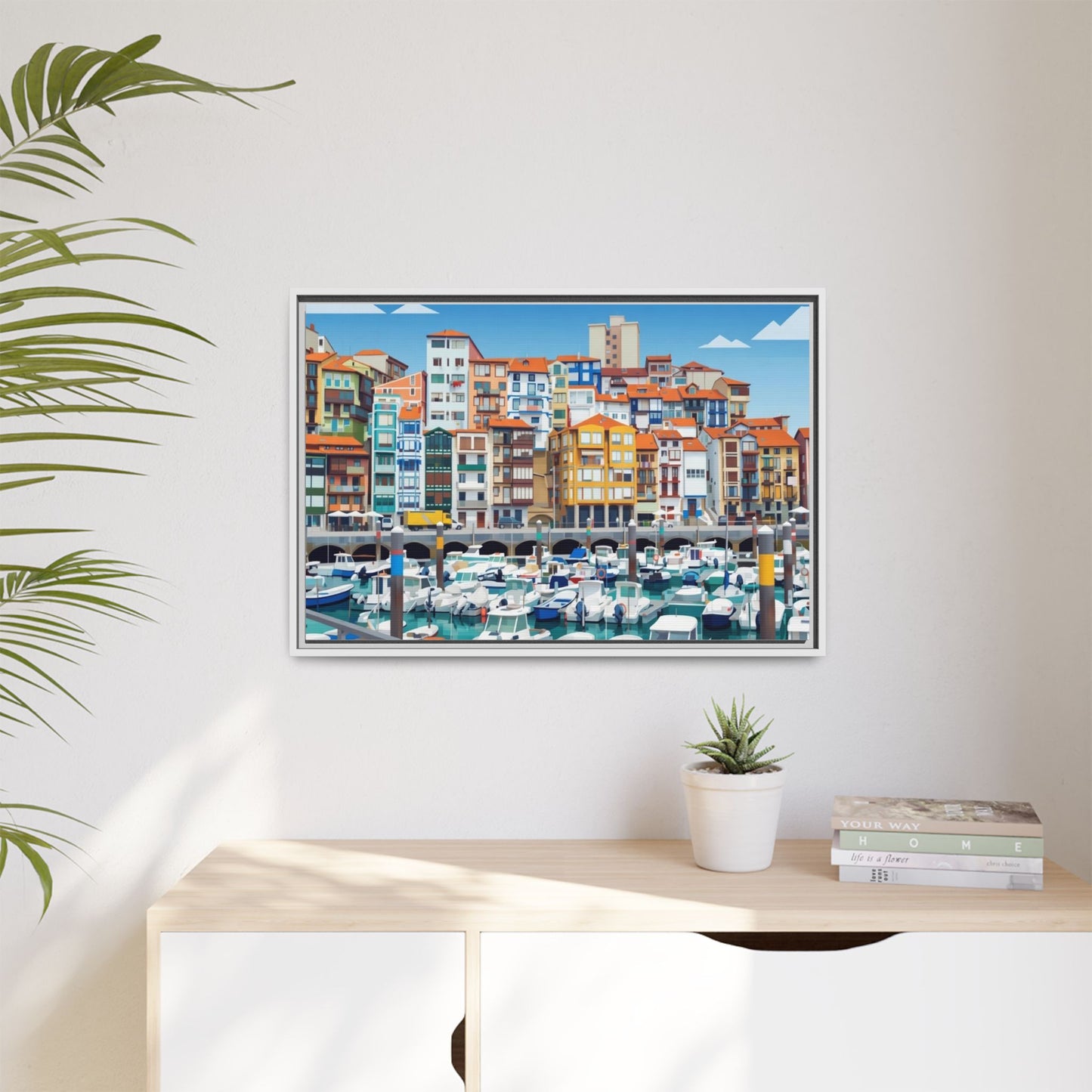 Framed Matte Canvas Print — Colorful Mediterranean Harbor Illustration