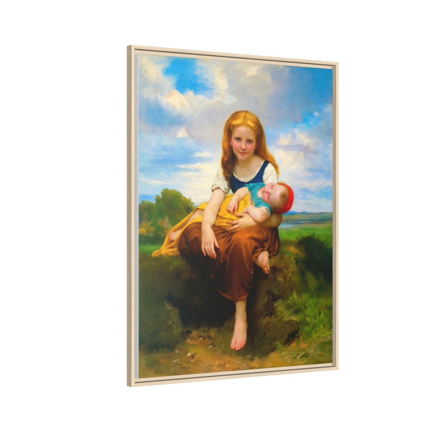 Young Girl Holding Sleeping Baby Canvas Print, Framed Wall Art