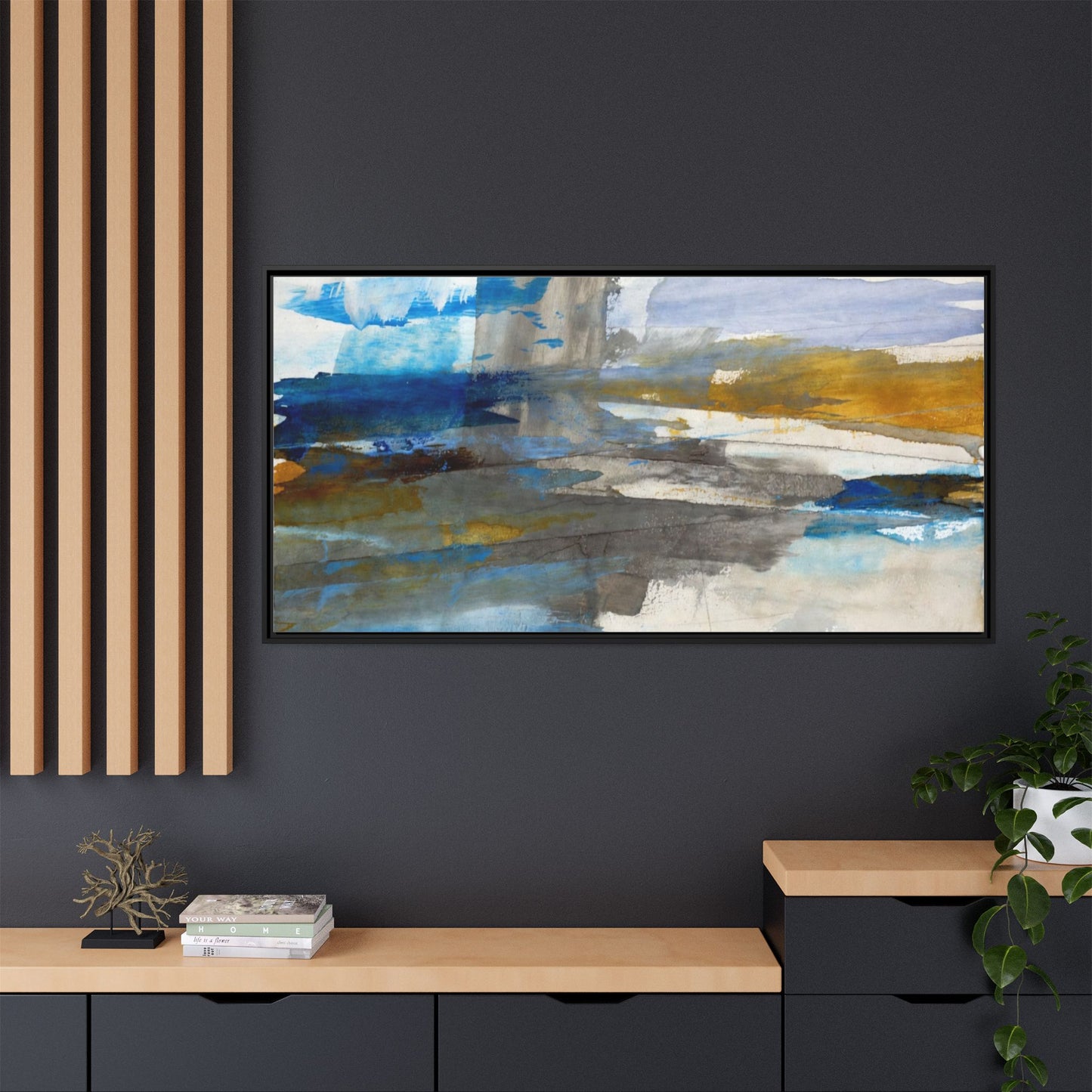 Abstract Blue & Gold Framed Canvas Art — Matte Multi-Color Wall Print