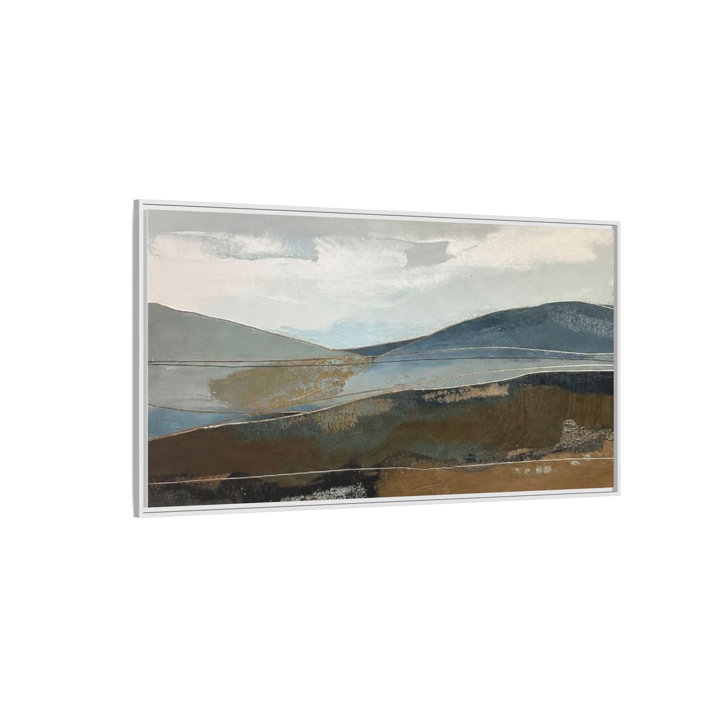 Framed Matte Canvas Landscape Art - Serene Abstract Hills in Blue & Earth Tones