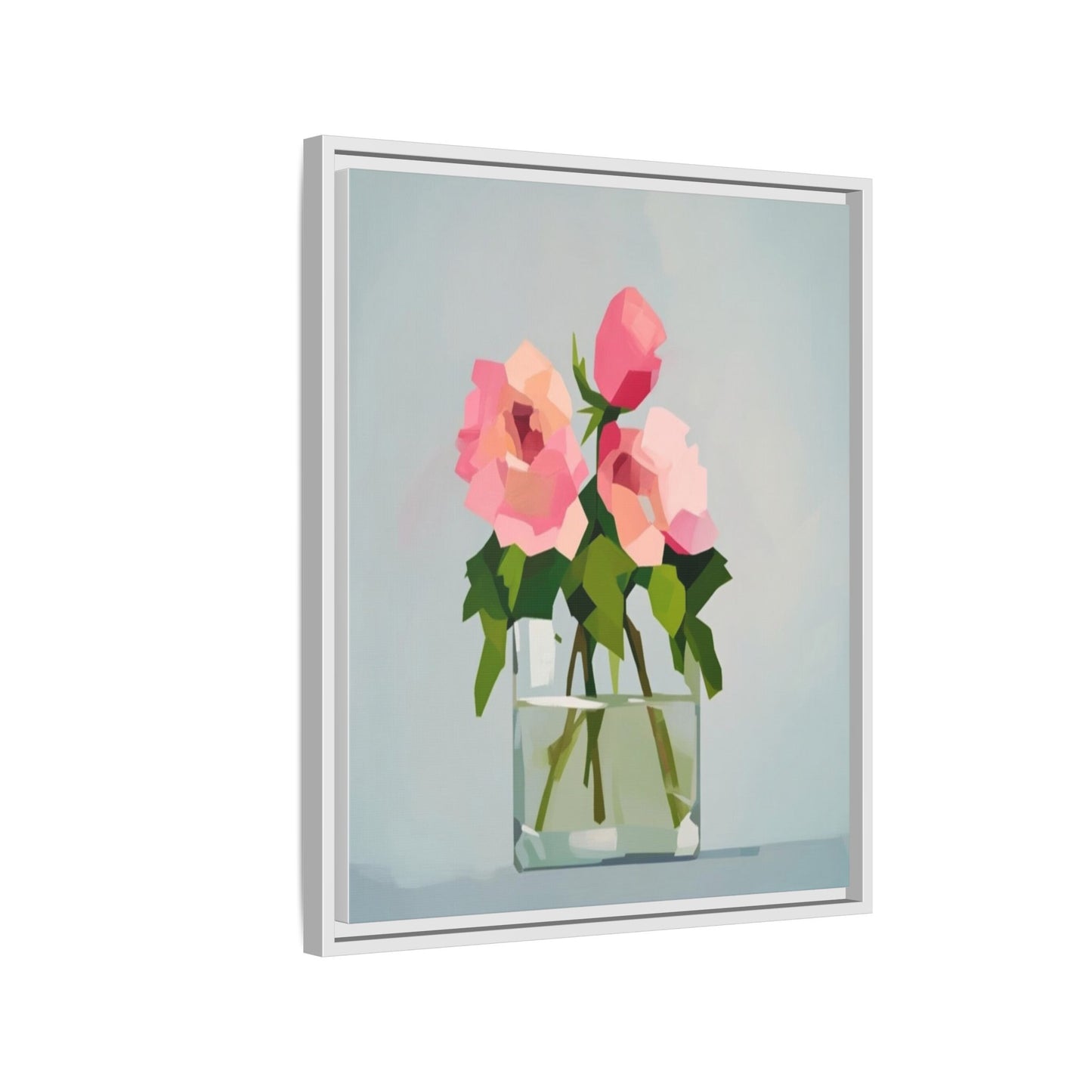 Framed Floral Canvas Print — Pink Roses in Glass Vase (Matte)