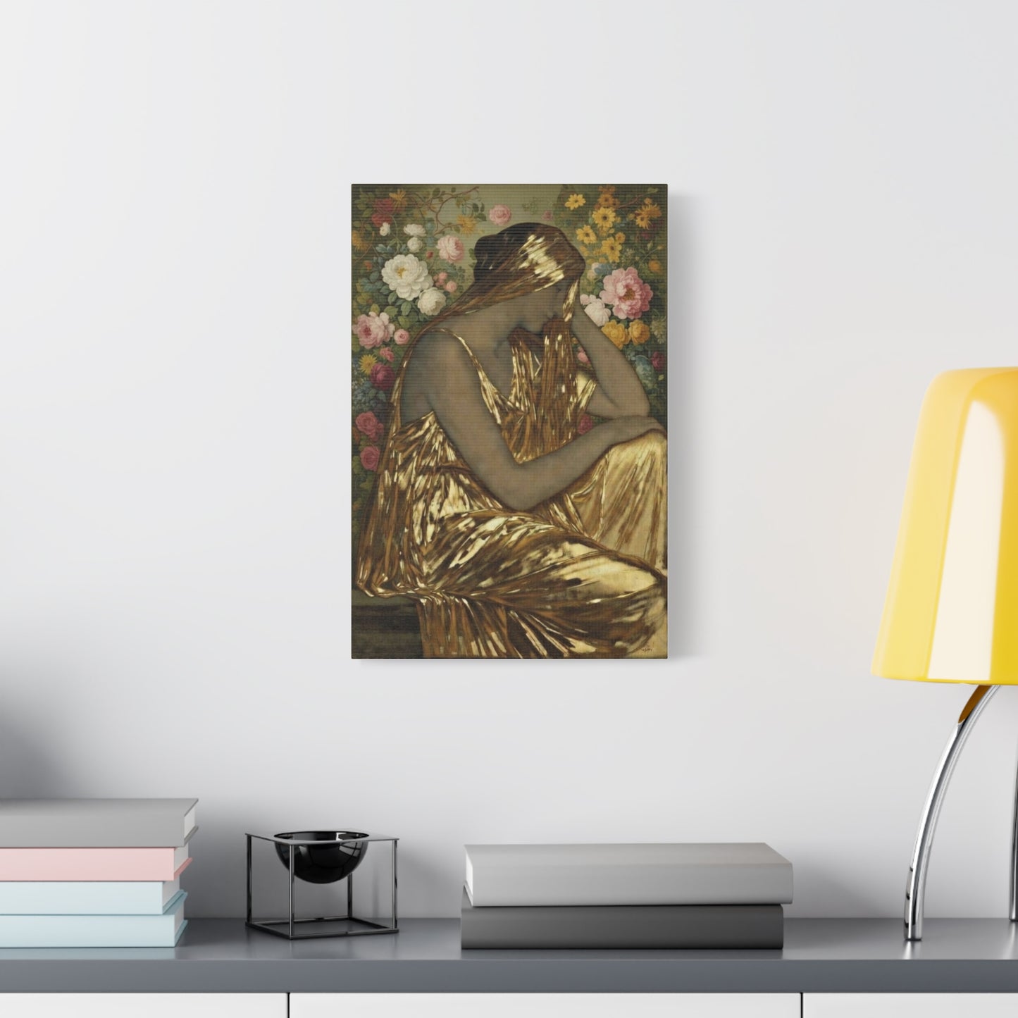 Golden Muse Canvas Print — Woman in Gold Floral Art (Stretched Matte)