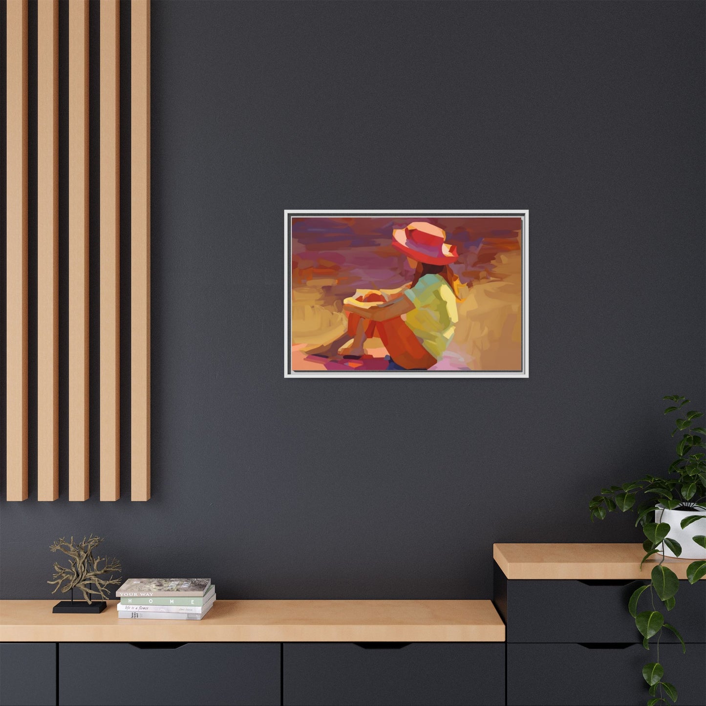 Framed Matte Canvas — Colorful Seated Girl Beach Art