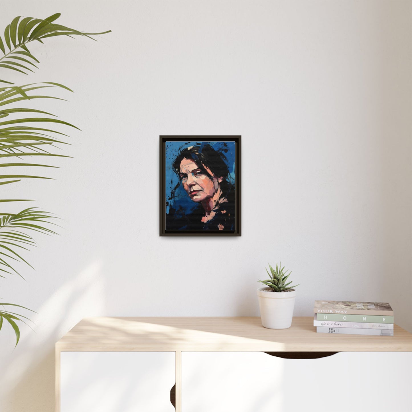 Framed Matte Canvas Portrait — Expressive Blue Painterly Woman Art