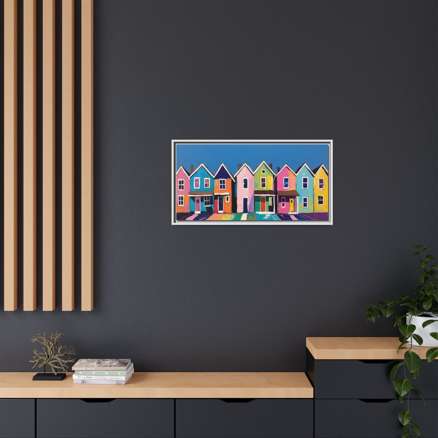 Colorful Beach Houses Matte Canvas Framed Wall Art
