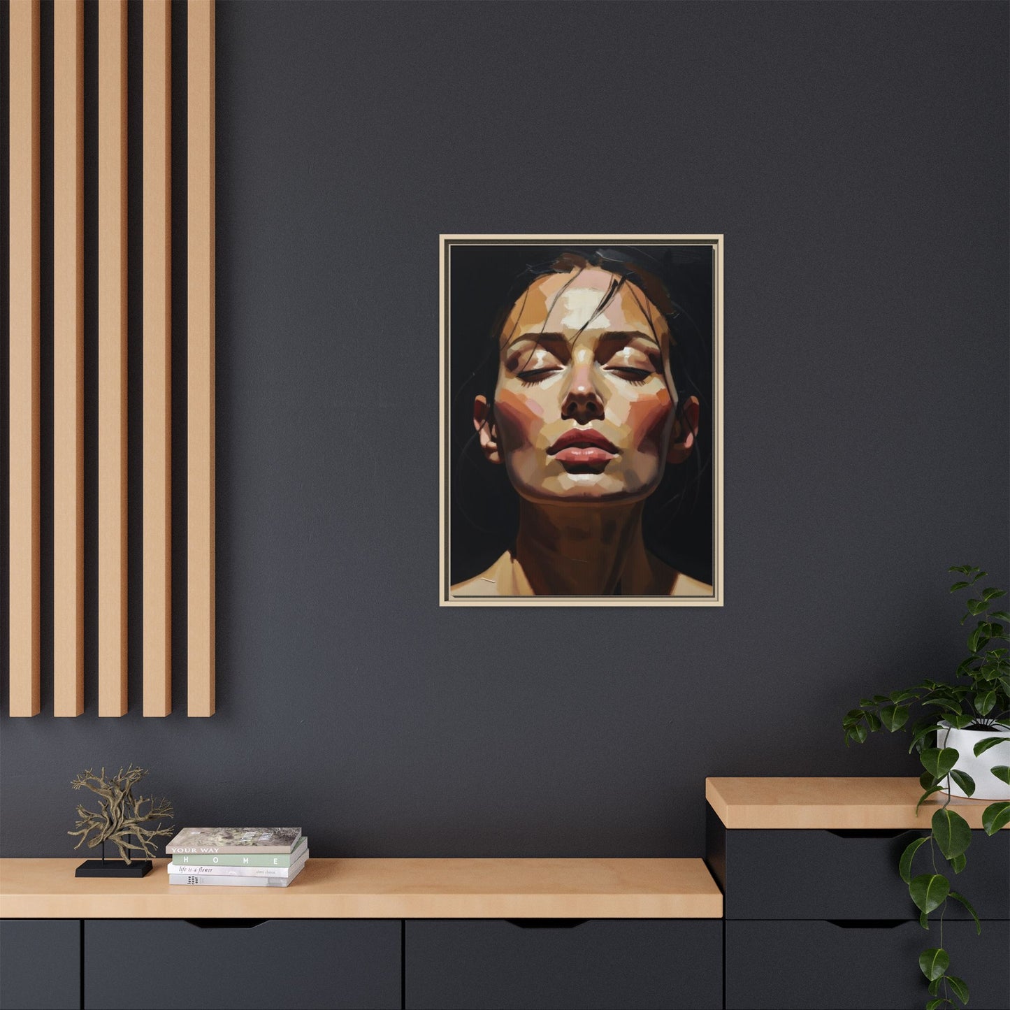 Framed Matte Canvas Portrait – Woman with Eyes Closed (Multi‑Color)