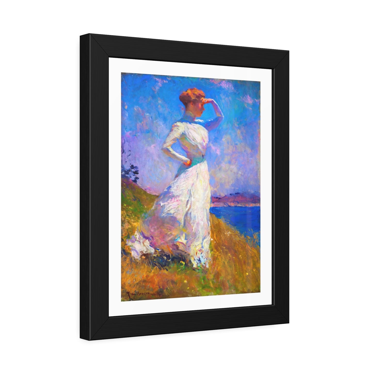 Coastal Impressionist Framed Poster — Woman in White Seaside Art Print