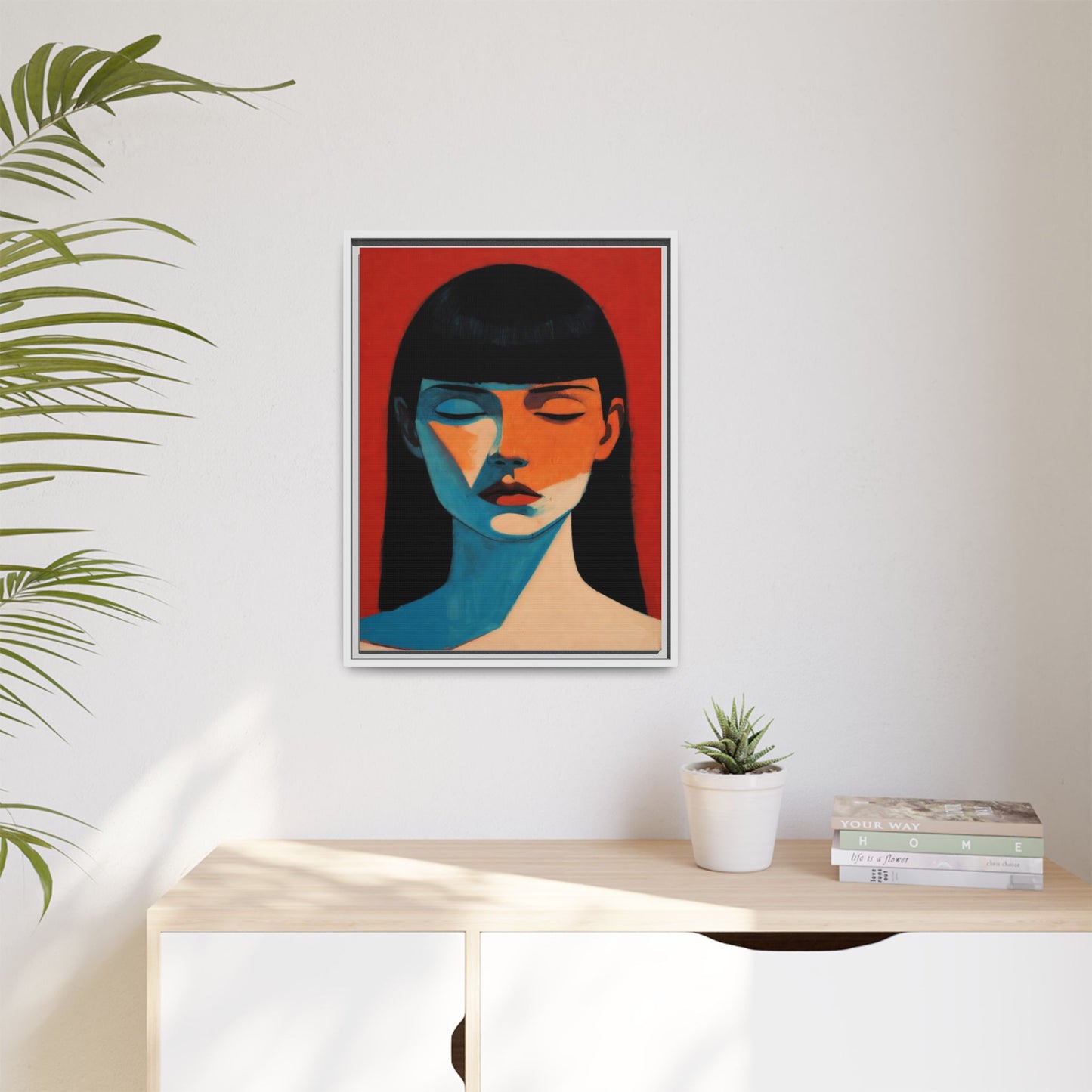Framed Matte Canvas Art – Minimalist Portrait in Red & Teal