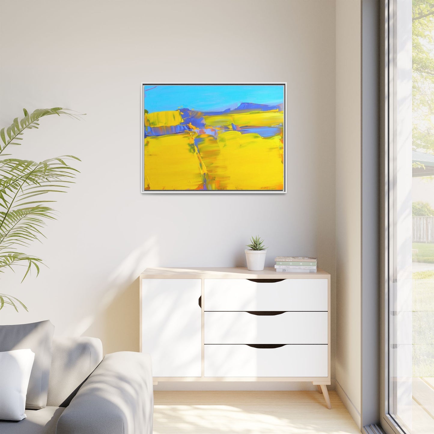 Framed Matte Canvas  Vibrant Yellow Blue Abstract Landscape Art
