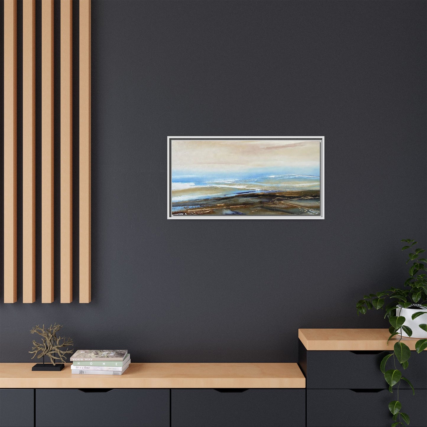Framed Abstract Seascape Matte Canvas — Coastal Blue & Earth Tone Wall Art
