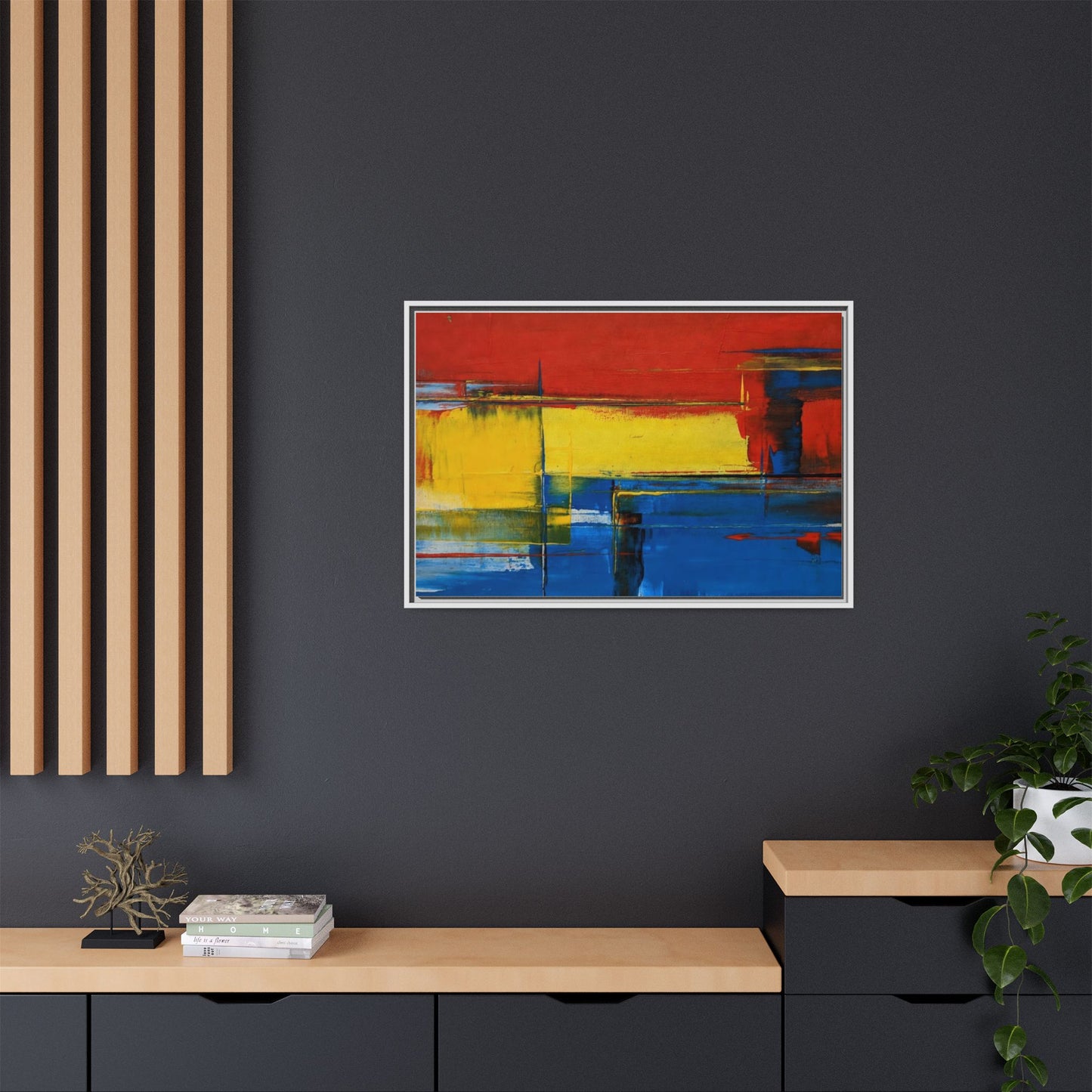 Abstract Color Block Matte Canvas Framed Wall Art — Modern Red Yellow Blue Painting