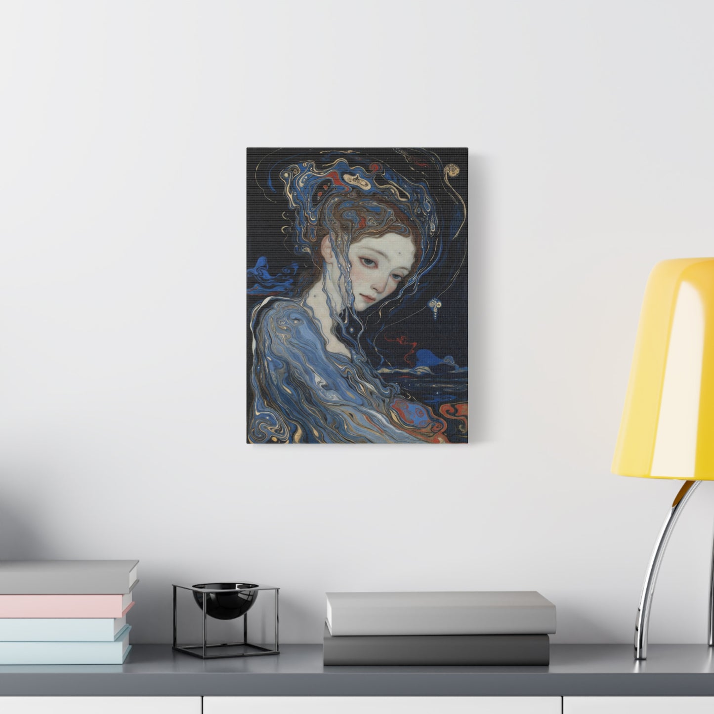 Ethereal Siren Matte Canvas Wall Art — Surreal Blue Portrait, Stretched 1.25"