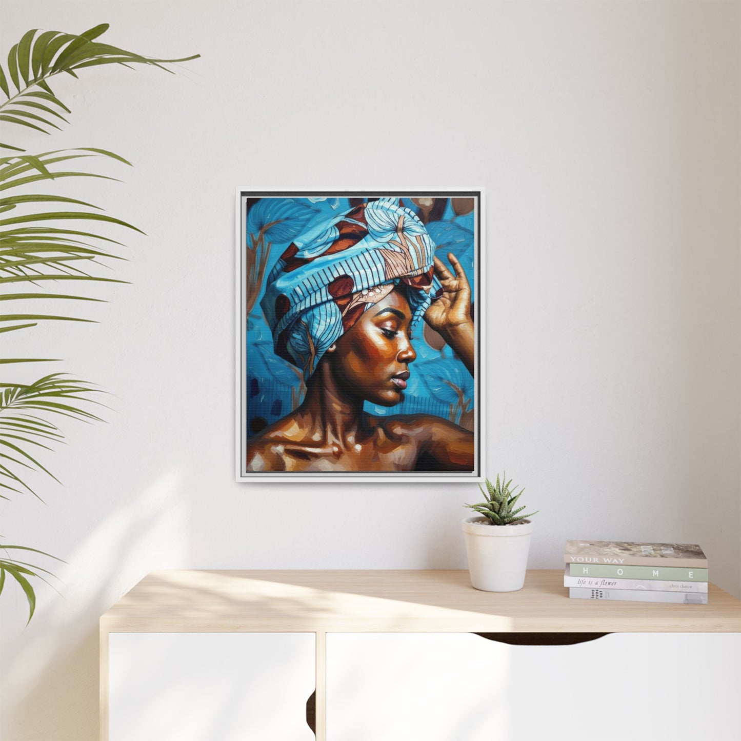 Framed Canvas Art — Portrait of Woman in Blue Headwrap