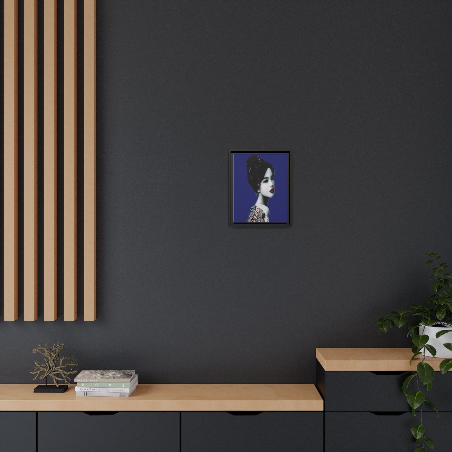 Framed Matte Canvas Art — Elegant Geisha Portrait on Deep Blue