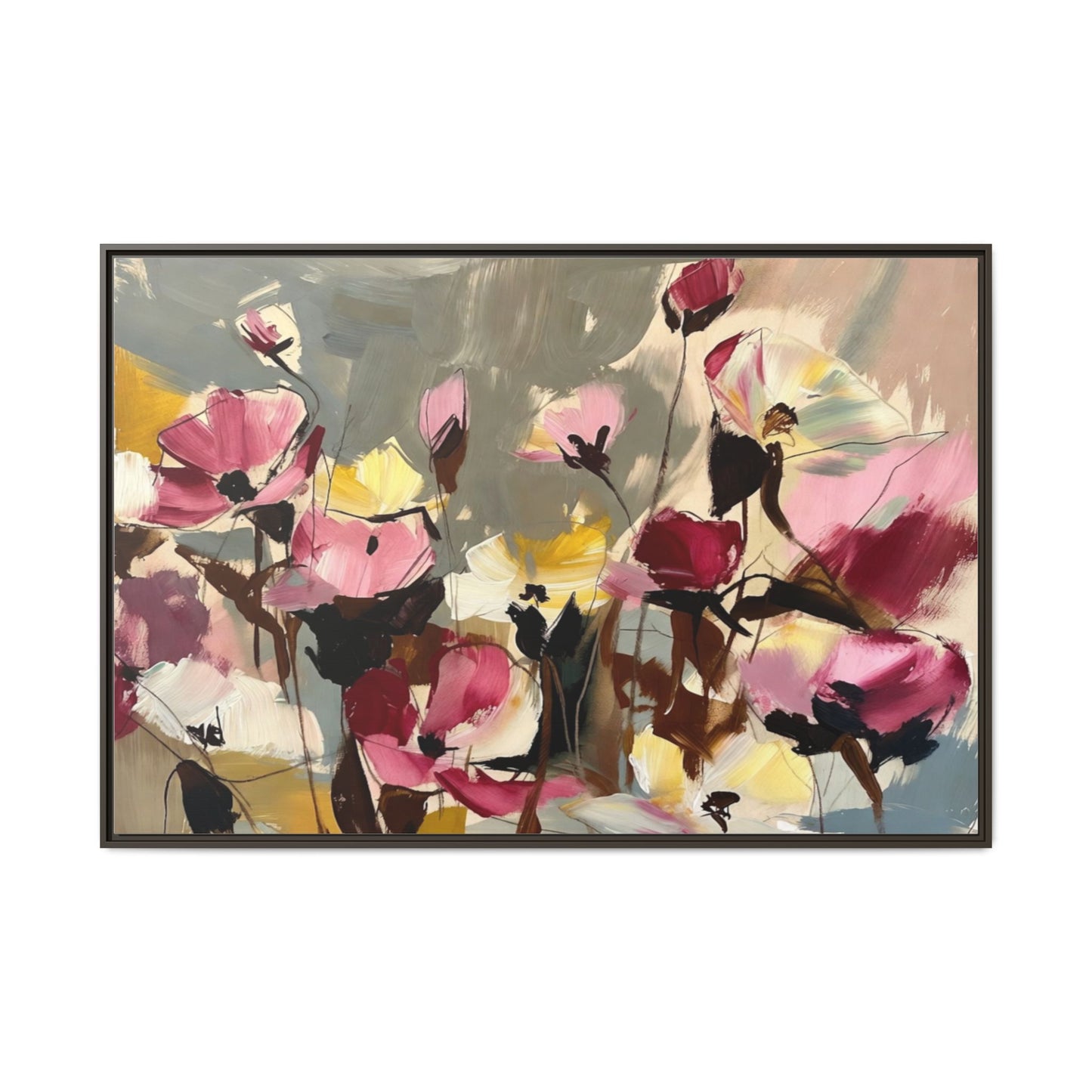 Framed Floral Canvas Wall Art — Abstract Pink & Yellow Flowers