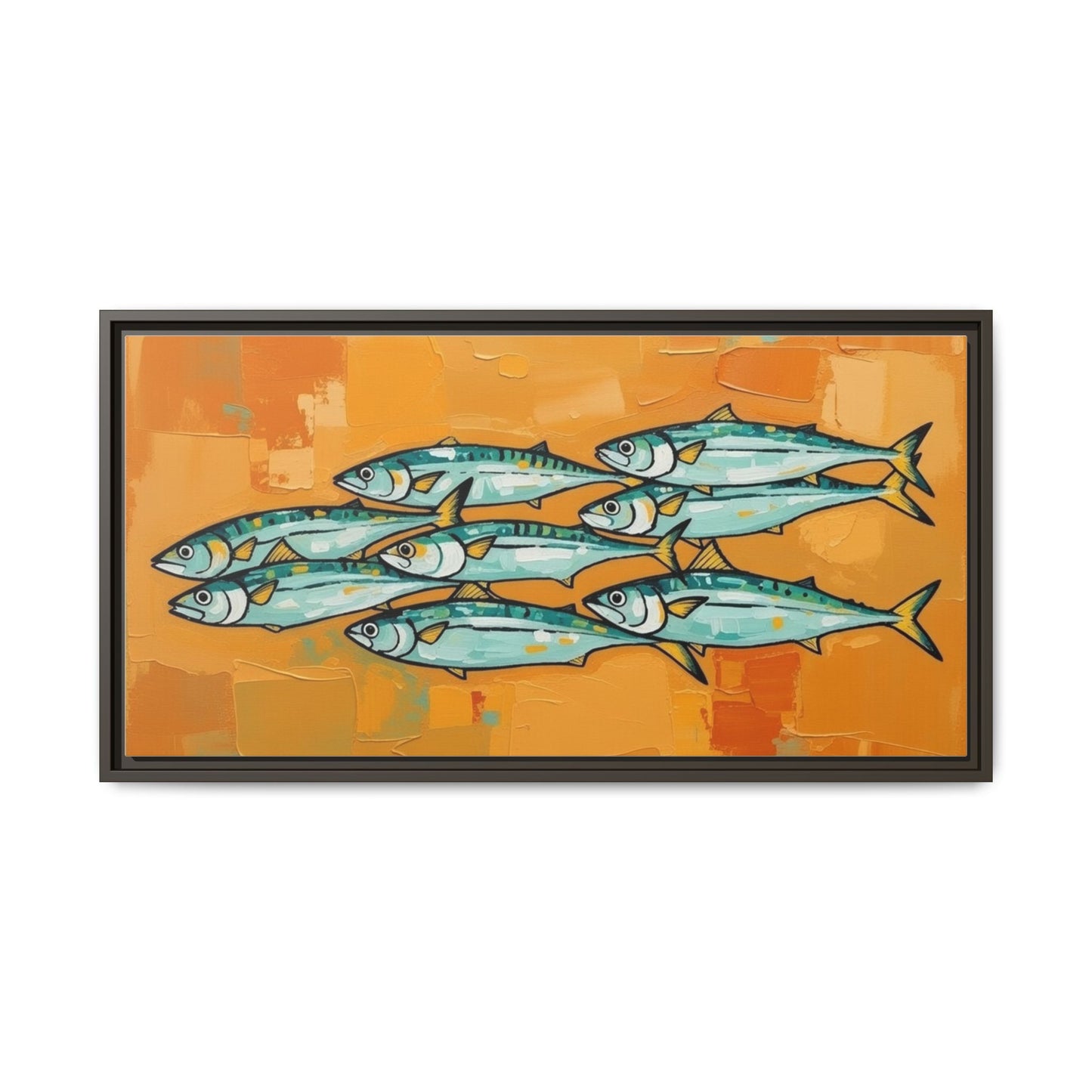 Framed Matte Canvas Print — School of Blue Fish on Orange Abstract Background