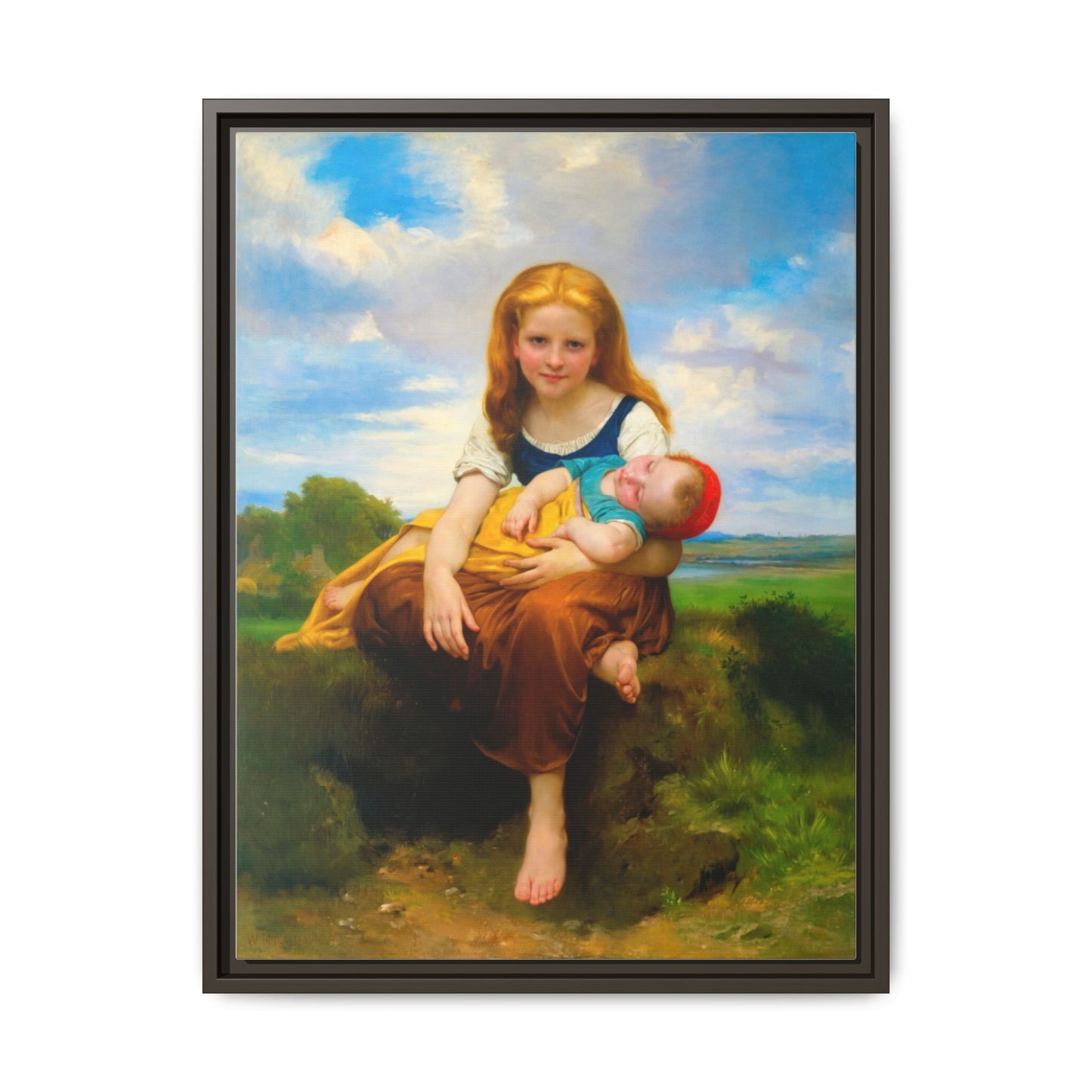 Young Girl Holding Sleeping Baby Canvas Print, Framed Wall Art