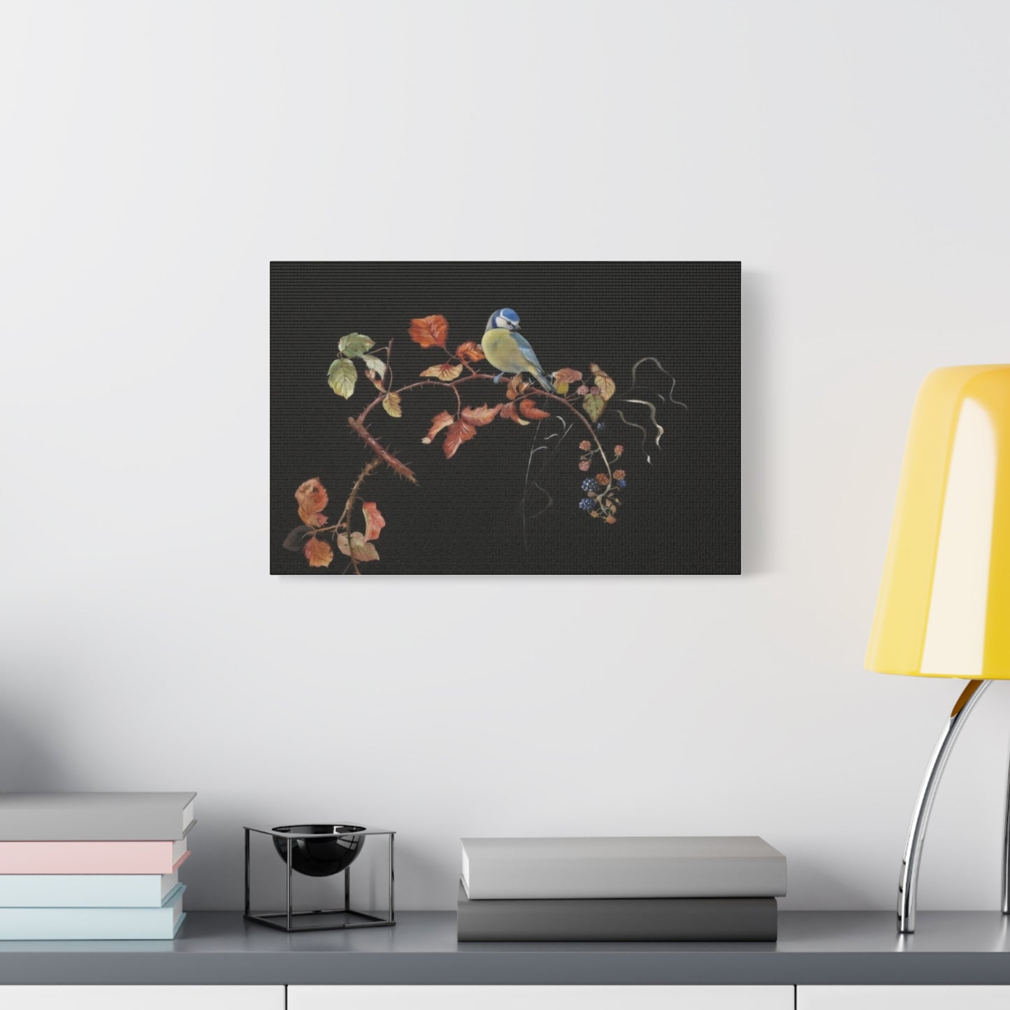 Canvas Wall Art - Blue Tit on Autumn Branch, Stretched Matte Canvas