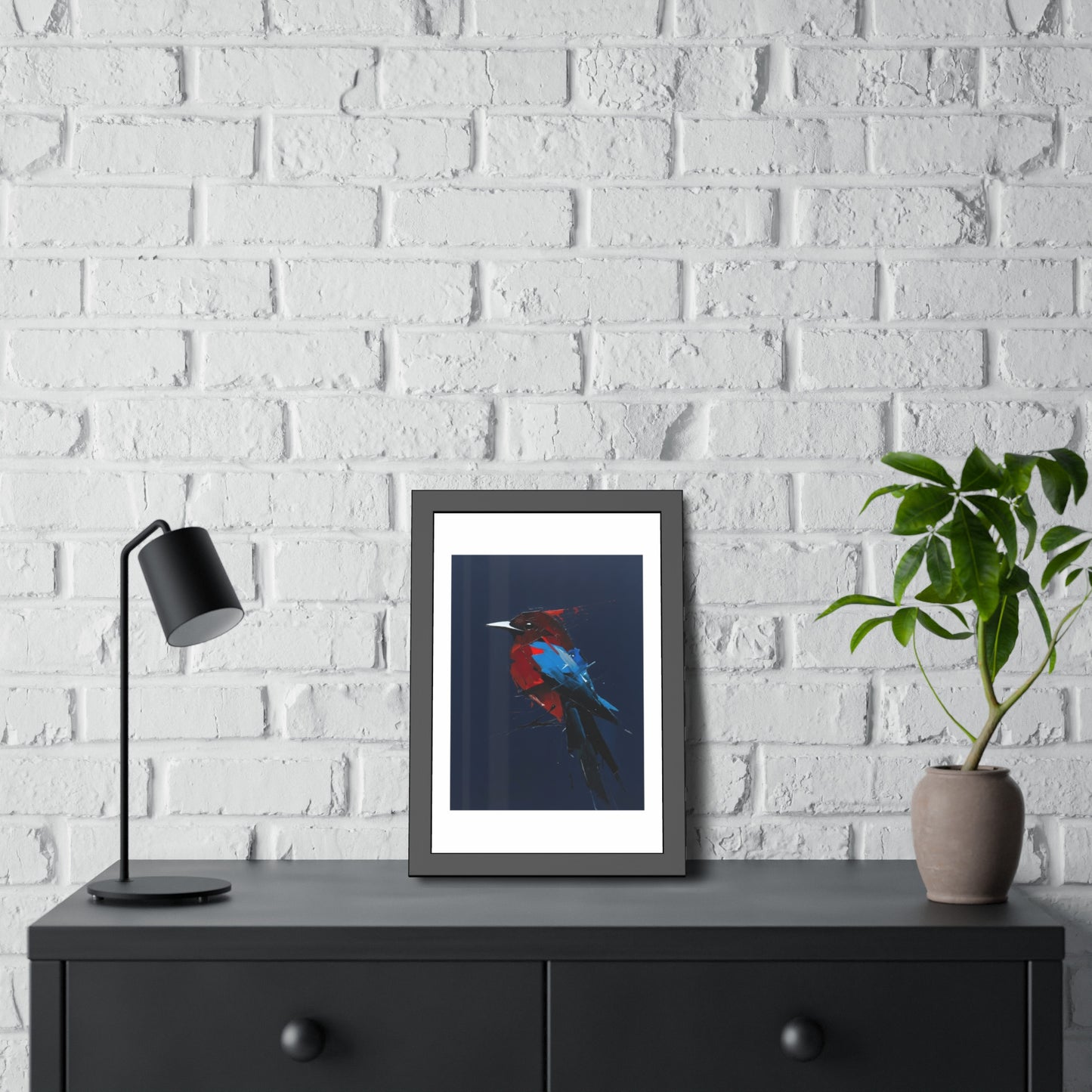 Framed Bird Art Print — Modern Red & Blue Kingfisher Poster