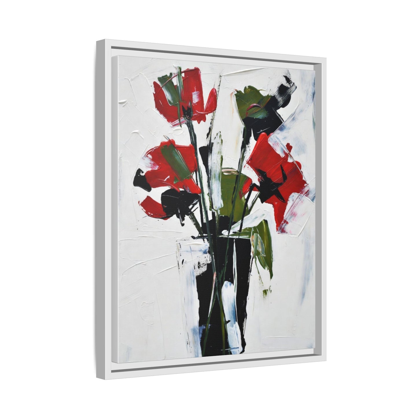 Framed Abstract Floral Canvas Print — Red Poppies in Black Vase
